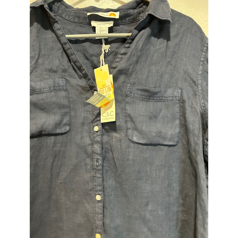 C&C California Womens 100% Linen Short Sleeve Button Down Shirt Navy Blue Large - Picture 2 of 4